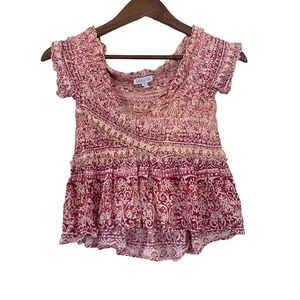 Patrons of Peace Smocked Peplum Top Medium Pink Boho Off Shoulder Rayon